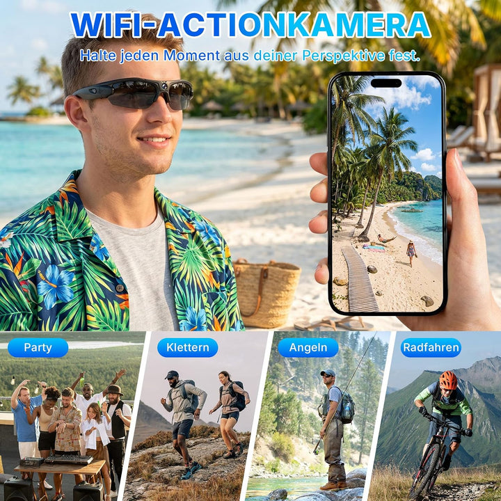 Sonnenbrillen mit Actionkamera, 120°-Smart-Brillen-Kamera (schwarz) | Brillen-Actionkamera mit WLAN,