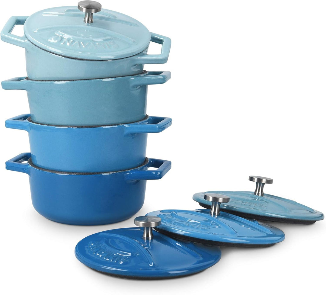 Navaris Mini Cocotte Set - 4x Gusseisen Mini Topf Blau - Optimale Wärme Distribution - Mini Auflauff