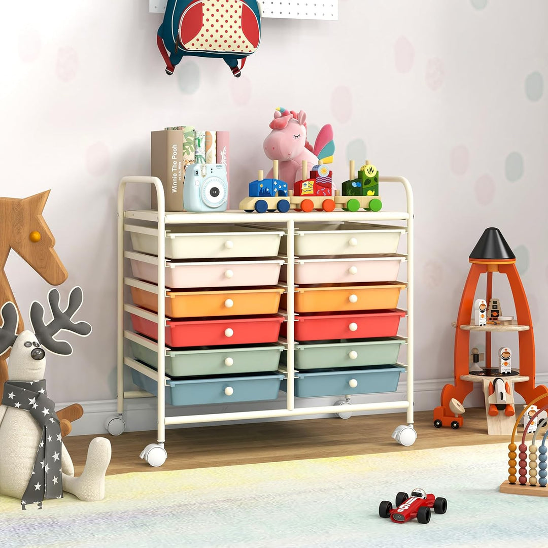 COSTWAY Rollwagen mit 12 stapelbaren Schubladen, Schubladenwagen Rollcontainer mit Metallgestell & A