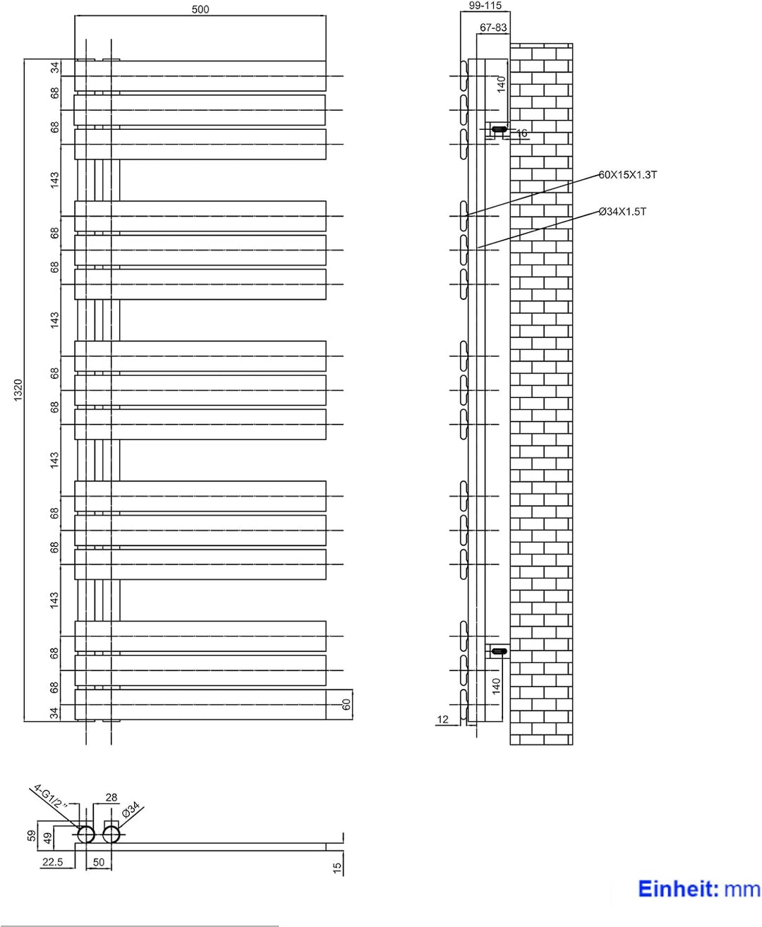 S'AFIELINA Badheizkörper Paneel Heizkörper Bad 1320x500mm Handtuchheizkörper mit Mittelanschluss 695
