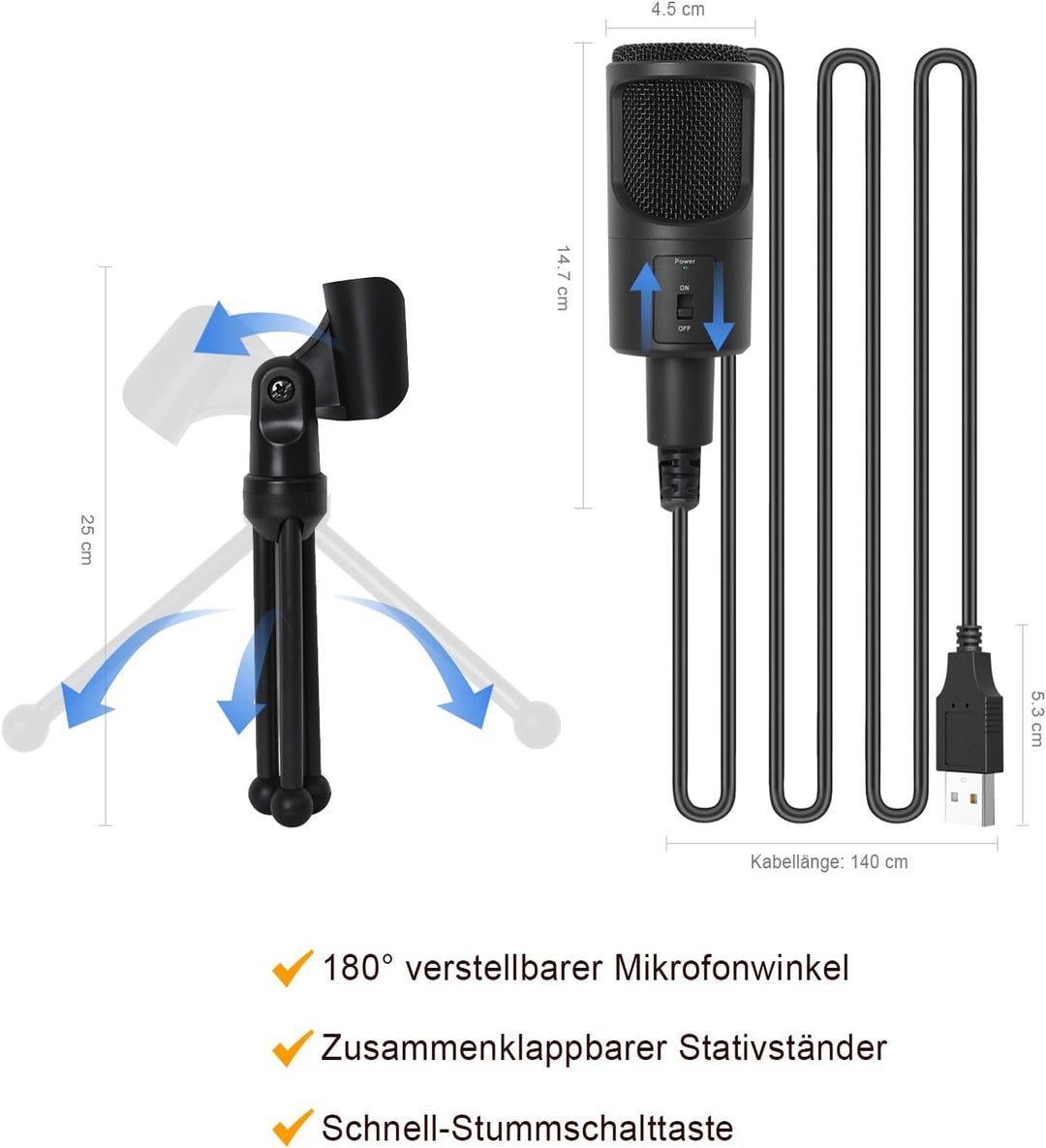USB Mikrofon für PC PS4 PS5 Laptop, Kondensator Mikrofon mit faltbarem Stativ Stummschalter für Stre
