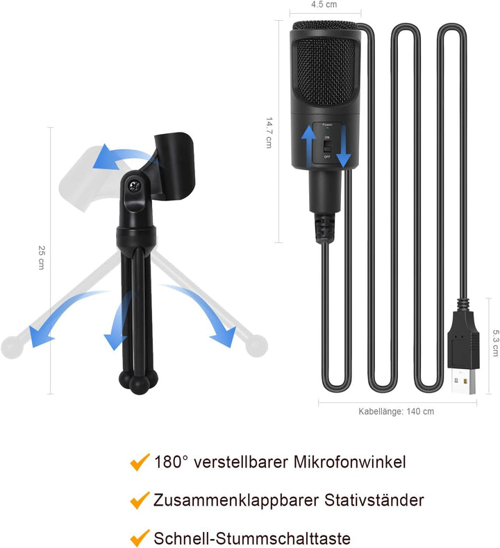 USB Mikrofon für PC PS4 PS5 Laptop, Kondensator Mikrofon mit faltbarem Stativ Stummschalter für Stre