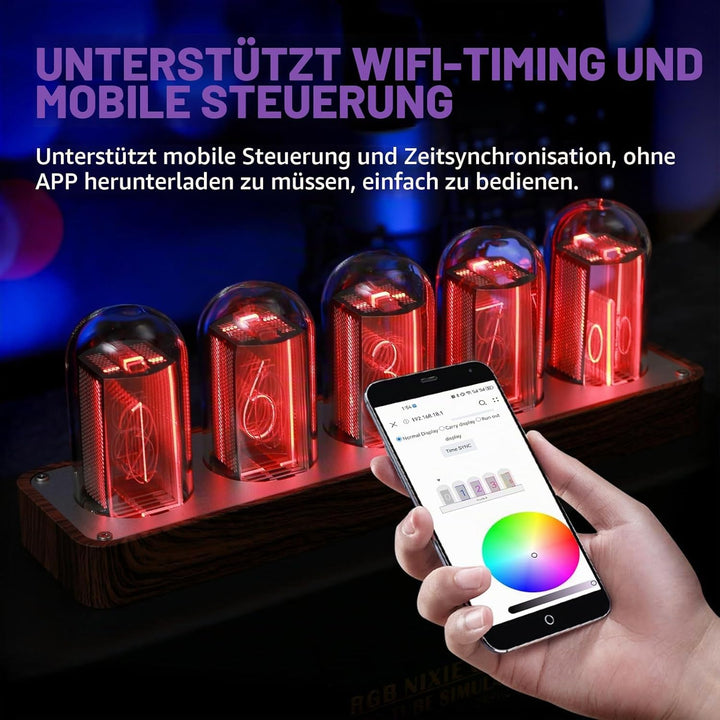 ClocTeck Nixie Röhrenuhr mit WLAN-Synchronisation, Alarm & Timer, 12/24H Display, keine Montage erfo