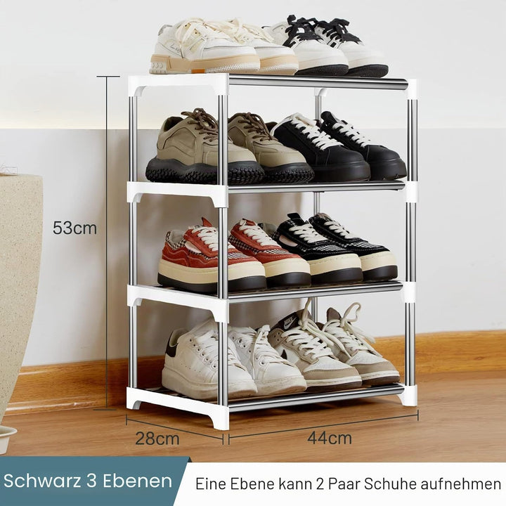 OLYREO Weisses Schuhregal Klein 4 Etagen, Stapelbar Leichtes Schuhregal, Schuhaufbewahrung, Schuh-Or