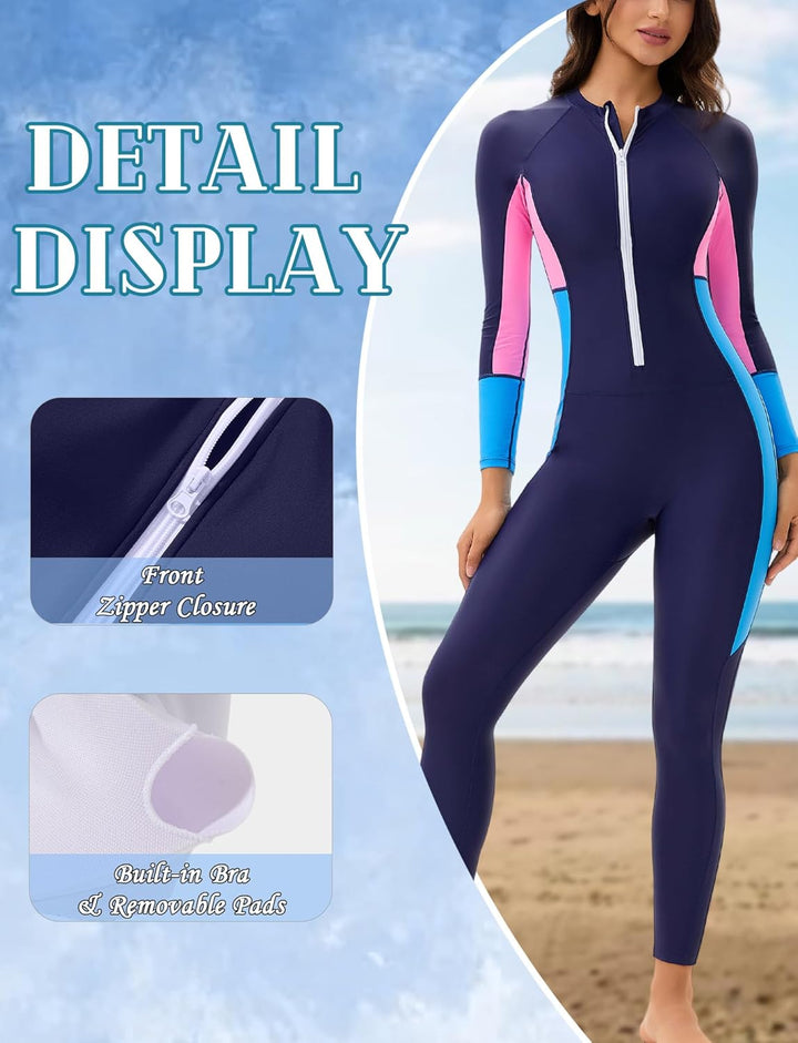 Rash Guard Damen Sonnen-Schutz Lange Beine und Arme Ganzkörper Badeanzug Reissverschluss Schwimmanzu