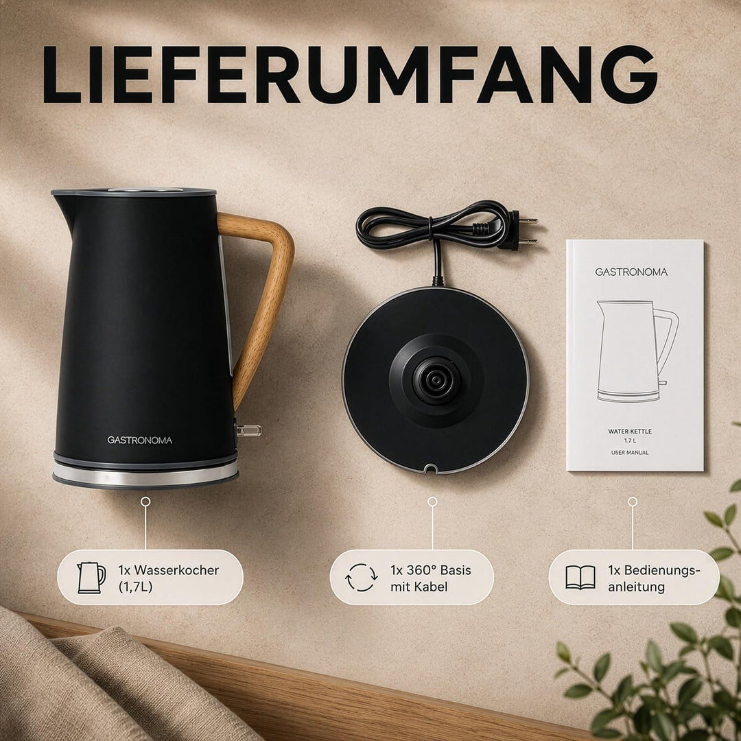 Gastronoma Wasserkocher Edelstahl 1,7 L - Kettle mit Kalkfilter - Schwarz | 2200 W - 360° Pirouetteb