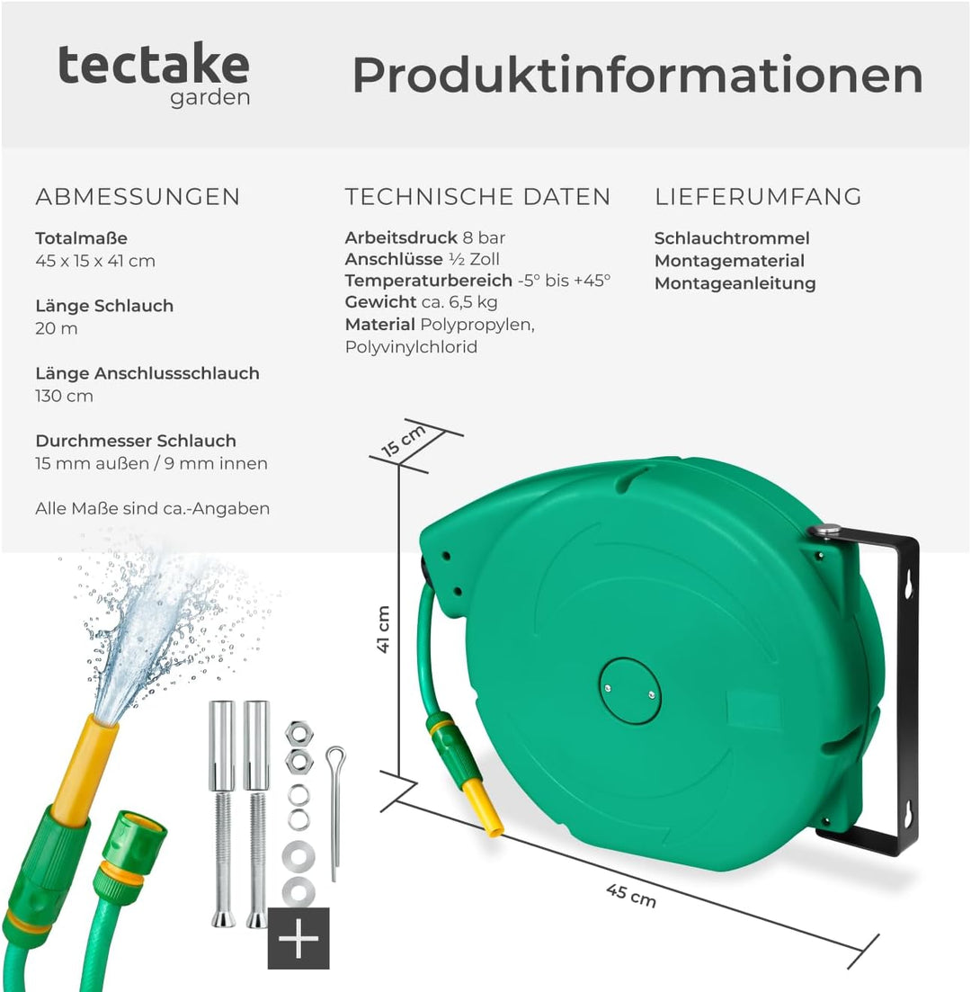tectake® Schlauchtrommel Wandmontage, Gartenschlauch 1/2 Zoll, Wasserschlauch Aufroller, Schlauch Tr