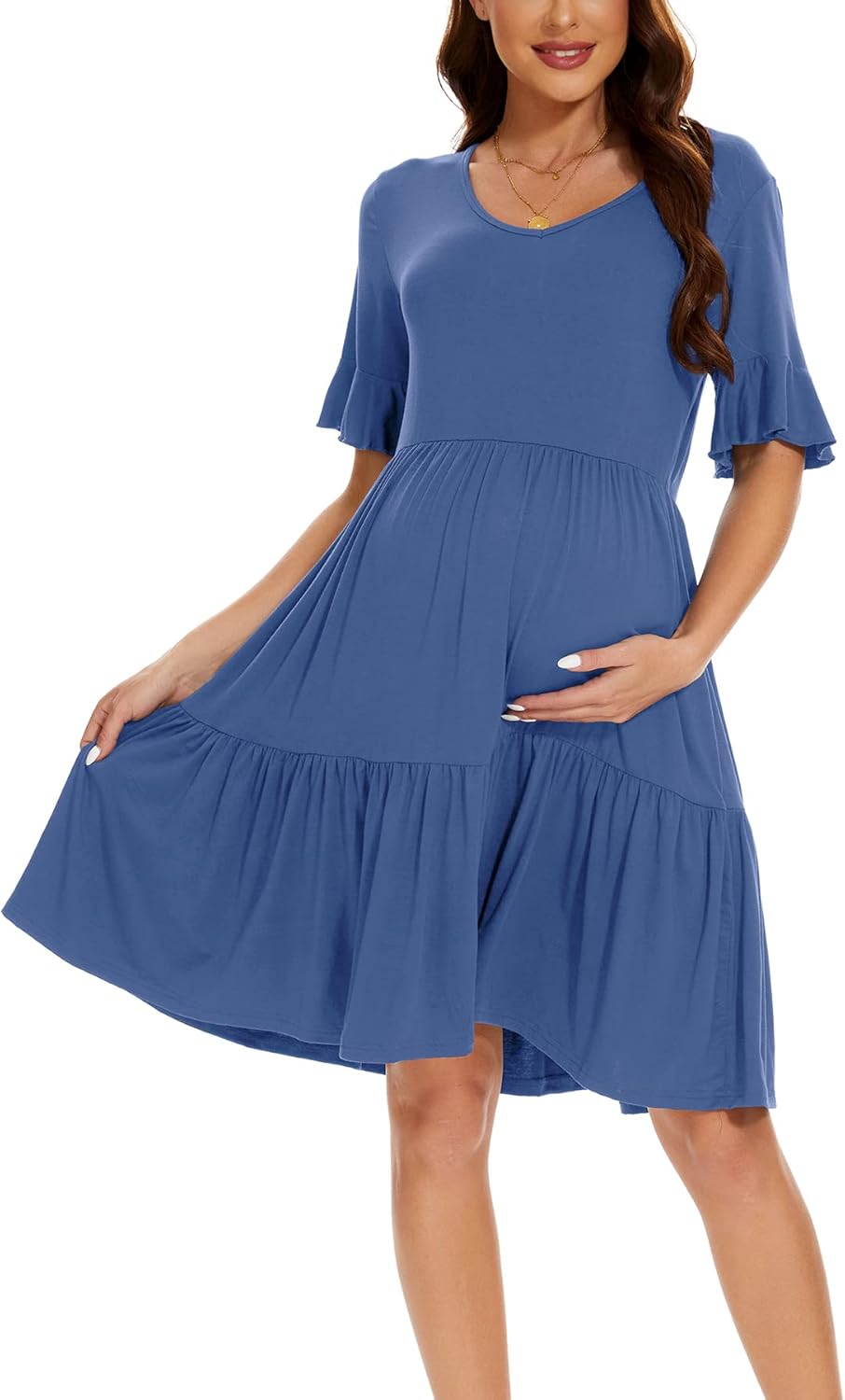Smallshow Damen Umstandskleid Kurzarm Sommer Schwangerschafts Umstandsmode Kleid L Grau Blau, L Grau