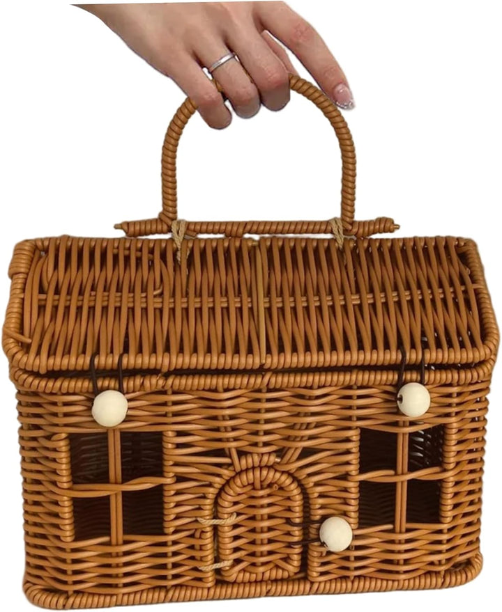 Garten-Erntekorb 9 x 6 x 5, 5 Zoll hausförmiger Picknickkorb aus PP-Rattan mit Deckel und Griff Korb