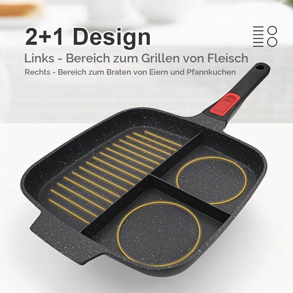 Multi Grillpfanne mit Deckel und Abnehmbarer Griff, Steakpfanne Induktion 3 in 1 - Schwarz, Schwarz