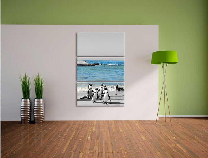 lustige Pinguine am Strand schwarz/weiss 3-Teiler Leinwandbild 120x80 Bild auf Leinwand