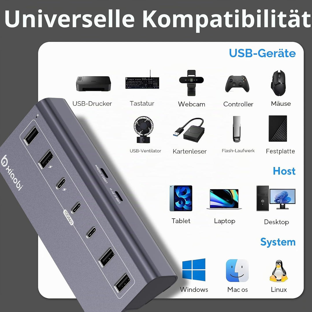 USB Hub mit Netzteil, 7 Port USB Hub 3.2 Gen 2, 10 Gbps USB Verteiler mit Netzteil 5V 3A Powered USB