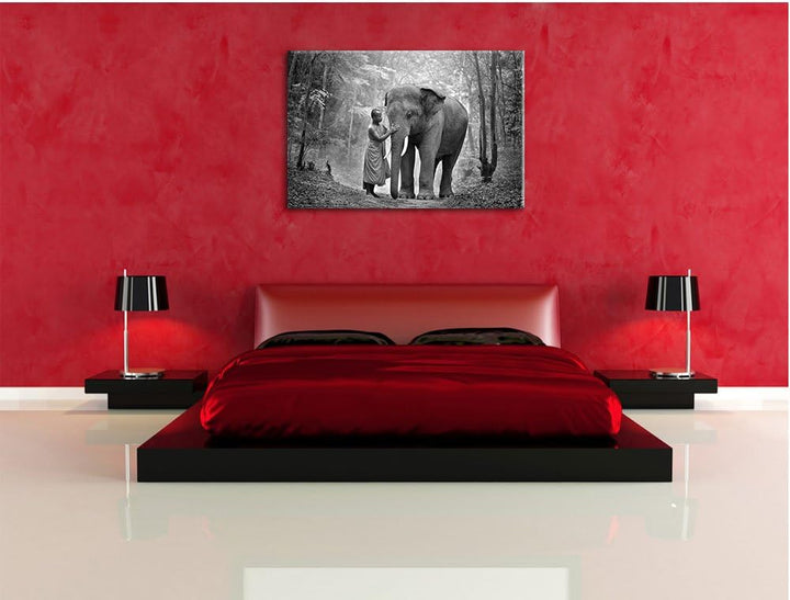 Pixxprint Elefant mit Mönch B&W als Leinwandbild/Grösse: 100x70 cm/Wandbild/Kunstdruck/fertig bespan