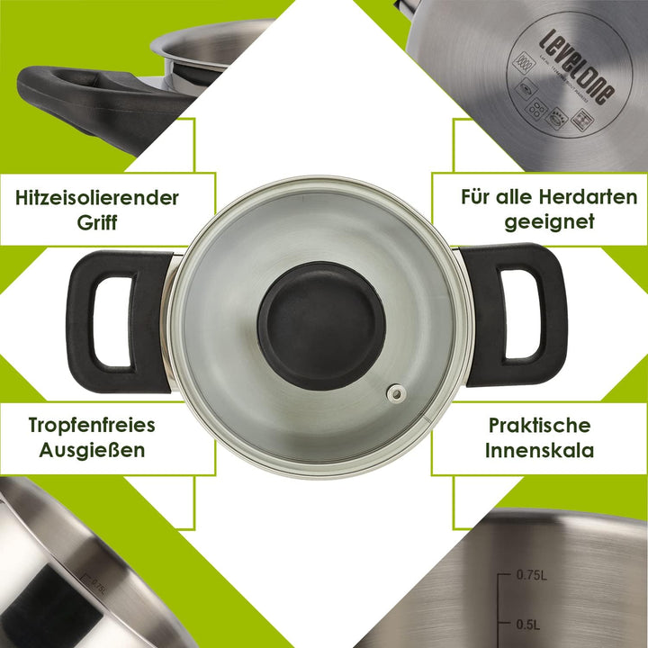 Level One Topf Kochtopf Fleischtopf 14 cm Induktion, Edelstahl unbeschichtet inkl. Glasdeckel | 7 cm