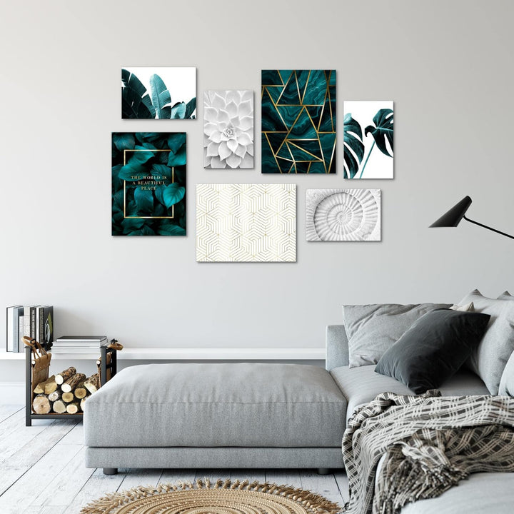 Novart Wandbilder Grün Blätter - KOMPLETT AUFHÄNGFERTIG - Abstrakt Wohnzimmer Schlafzimmer- 7 Modern