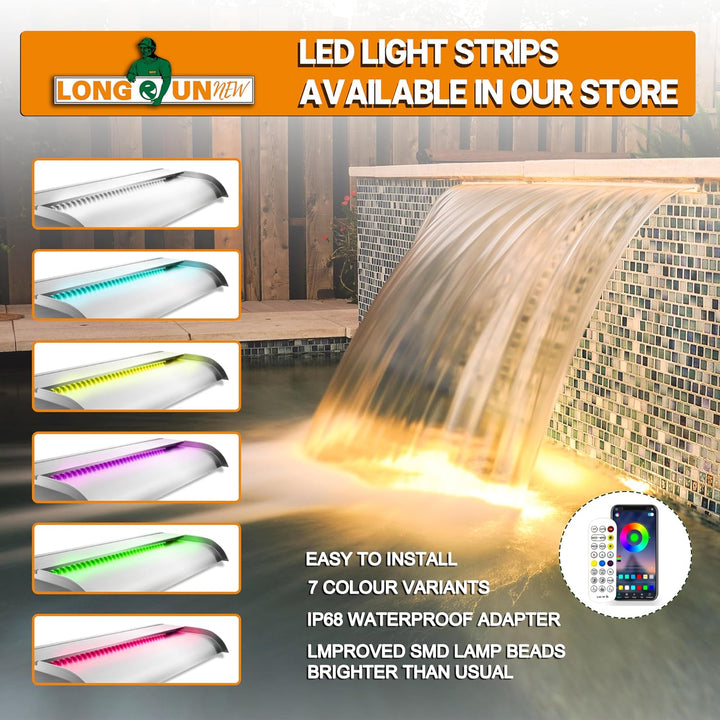 LONGRUNNEW Teich Wasserfallklingen Set, 90 cm Edelstahl Poolfontäne mit Zubehör, Breite 18 cm Geboge