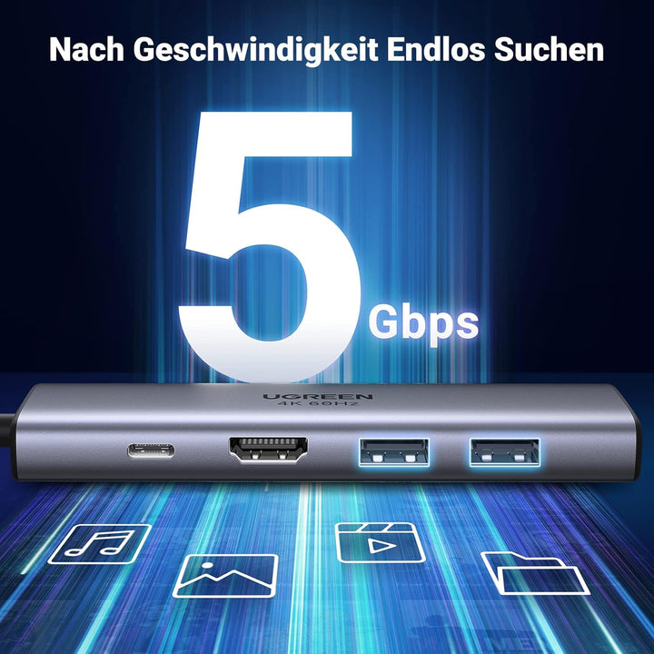 UGREEN USB C Hub 4K 60Hz USB C Adapter mit 100W PD, HDMI, SD/TF, 2 USB 3.0 Kompatibel mit MacBook Pr