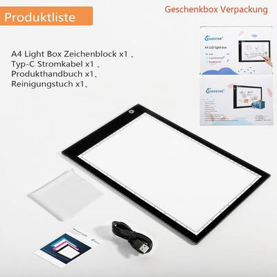 XIAOSTAR Leuchttablett A4, beleuchteter Tisch, Zeichnung mit LED, Ladekabel Typ C, Helligkeit verste