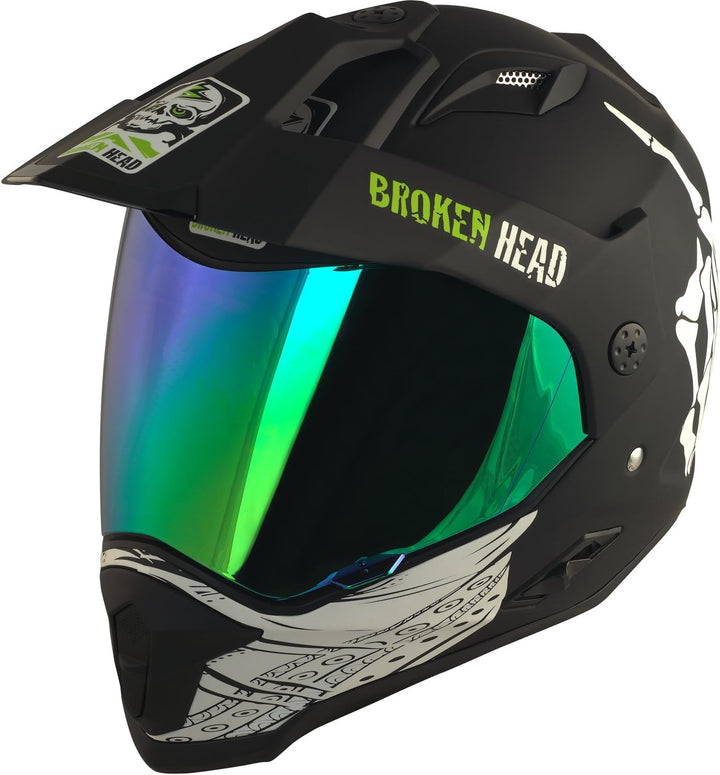 Broken Head Street Rebel grün Motocross-Helm Set mit grün verspiegeltem Visier | Enduro-Helm - MX Cr