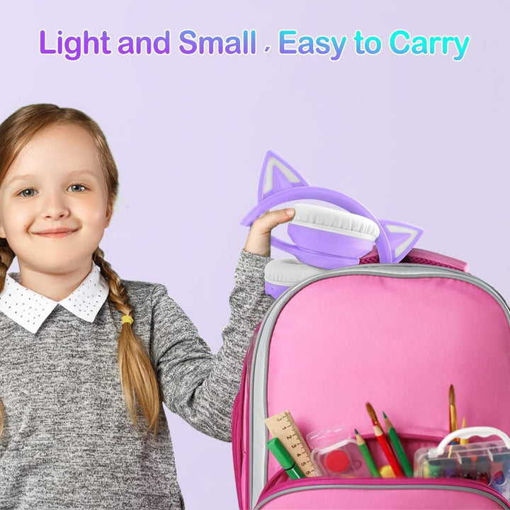 LOBKIN Bluetooth 5.3 Kinder Kopfhörer mit Tasche - RGB LED-licht Katzenohren Faltbare Stereo Headset