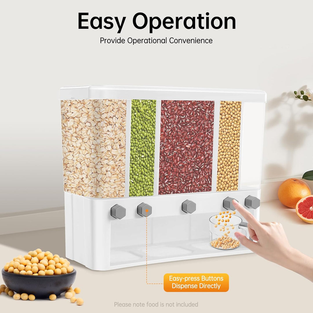 Food Rice Dispenser, 5-Grid 10kg Cereal Storage Container Küche Wall Mount Dry Food Dispenser Weiss