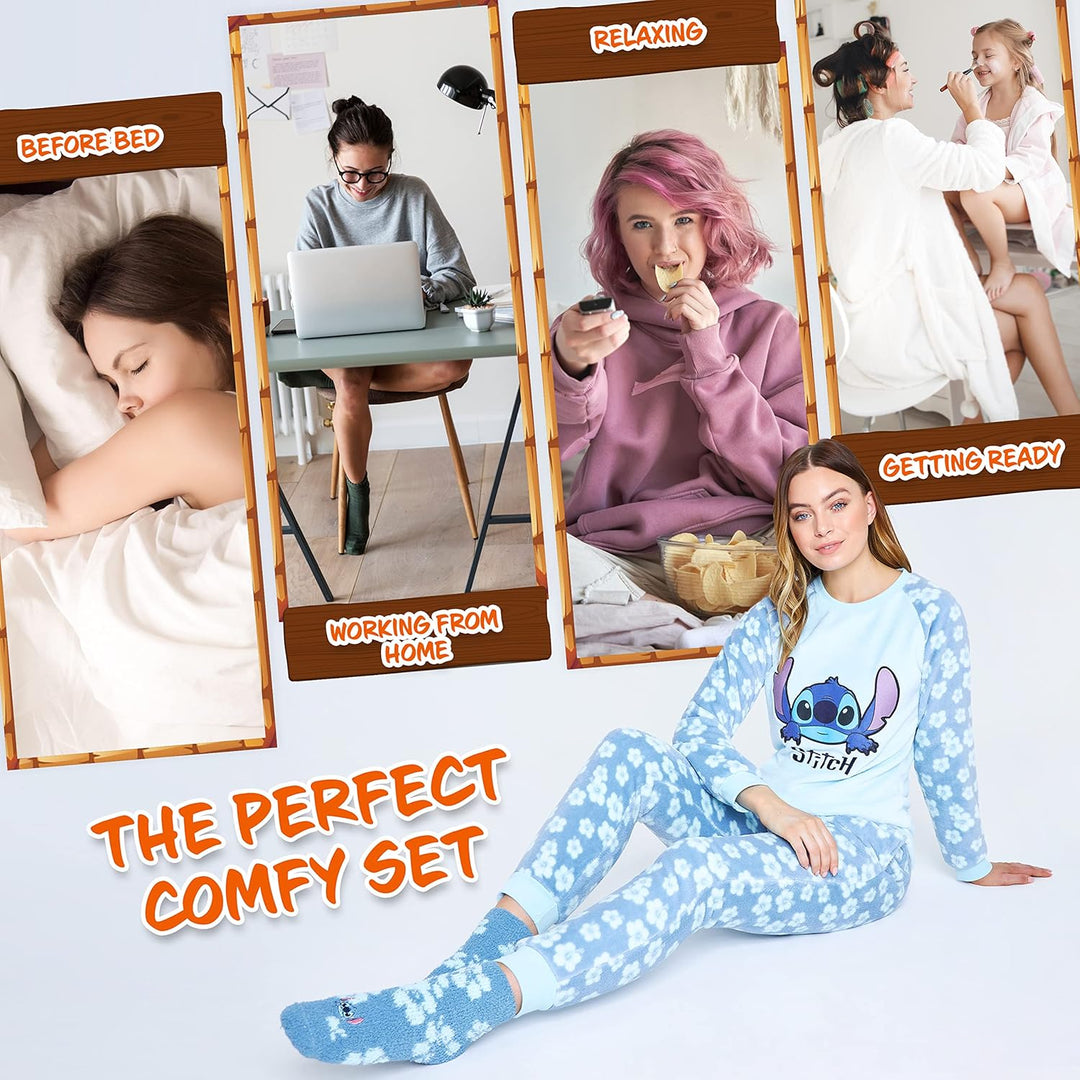 Disney Schlafanzug Damen mit Kuschelsocken Set Charaktere Stitch Geschenke Set L Blau Stitch, L Blau