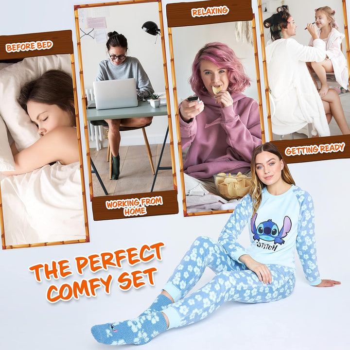 Disney Schlafanzug Damen mit Kuschelsocken Set Charaktere Stitch Geschenke Set L Blau Stitch, L Blau