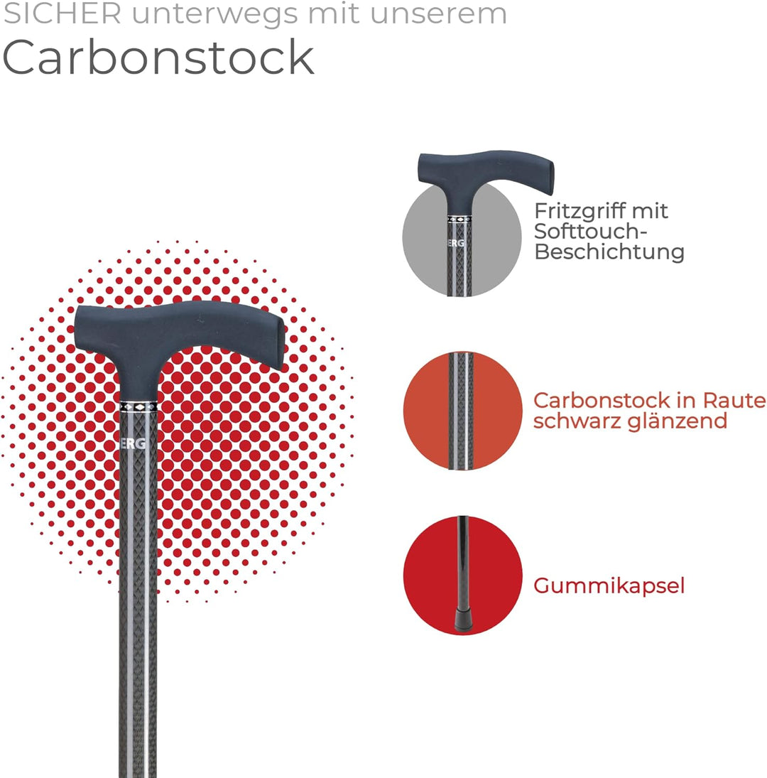 OSSENBERG Carbonstock mit Fritzgriff - Verstellbarer Gehstock - Gehhilfe mit hoher Belastbarkeit - S