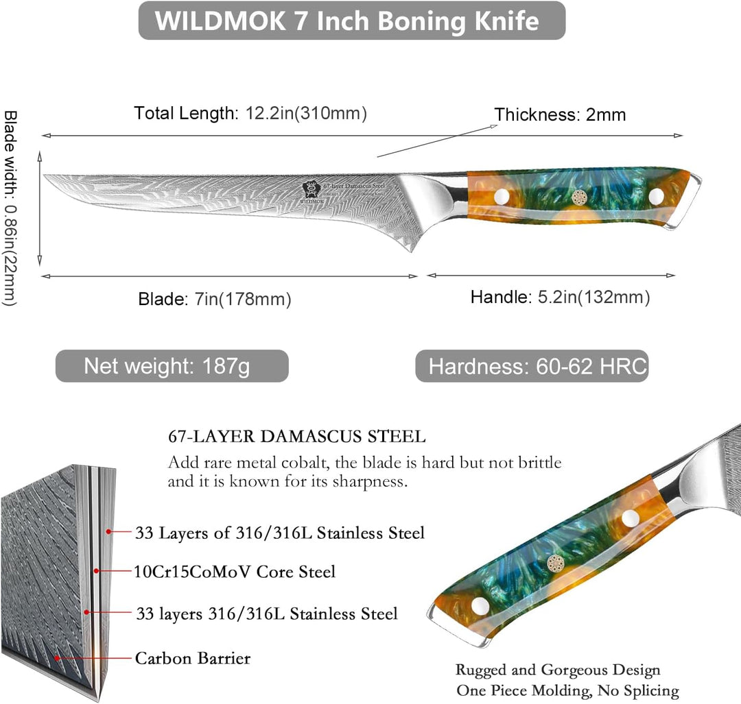 WILDMOK Ausbeinmesser, japanisches Damaskus Kochmesser, Profi Ausbeinfiletmesser, 17.8 cm Profession