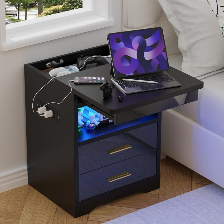 PIPIPOXER 2er Set Nachttisch mit Steckdose & USB & abschliessbar, Nachttisch mit LED Nachtkommode mi