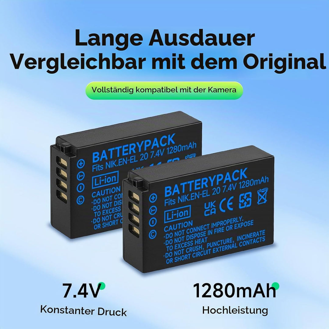 2 Stück EN-EL20 Akkus und Smart LCD Display Dual USB Ladegerät für Nikon Coolpix P1000, P950, P1100,