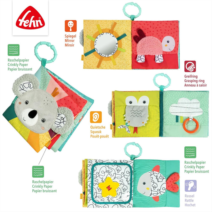 Fehn Stoffbuch Baby Koala - Baby Fühlbuch aus Stoff - Babyspielzeug Buch mit Quietsche, Rassel und R