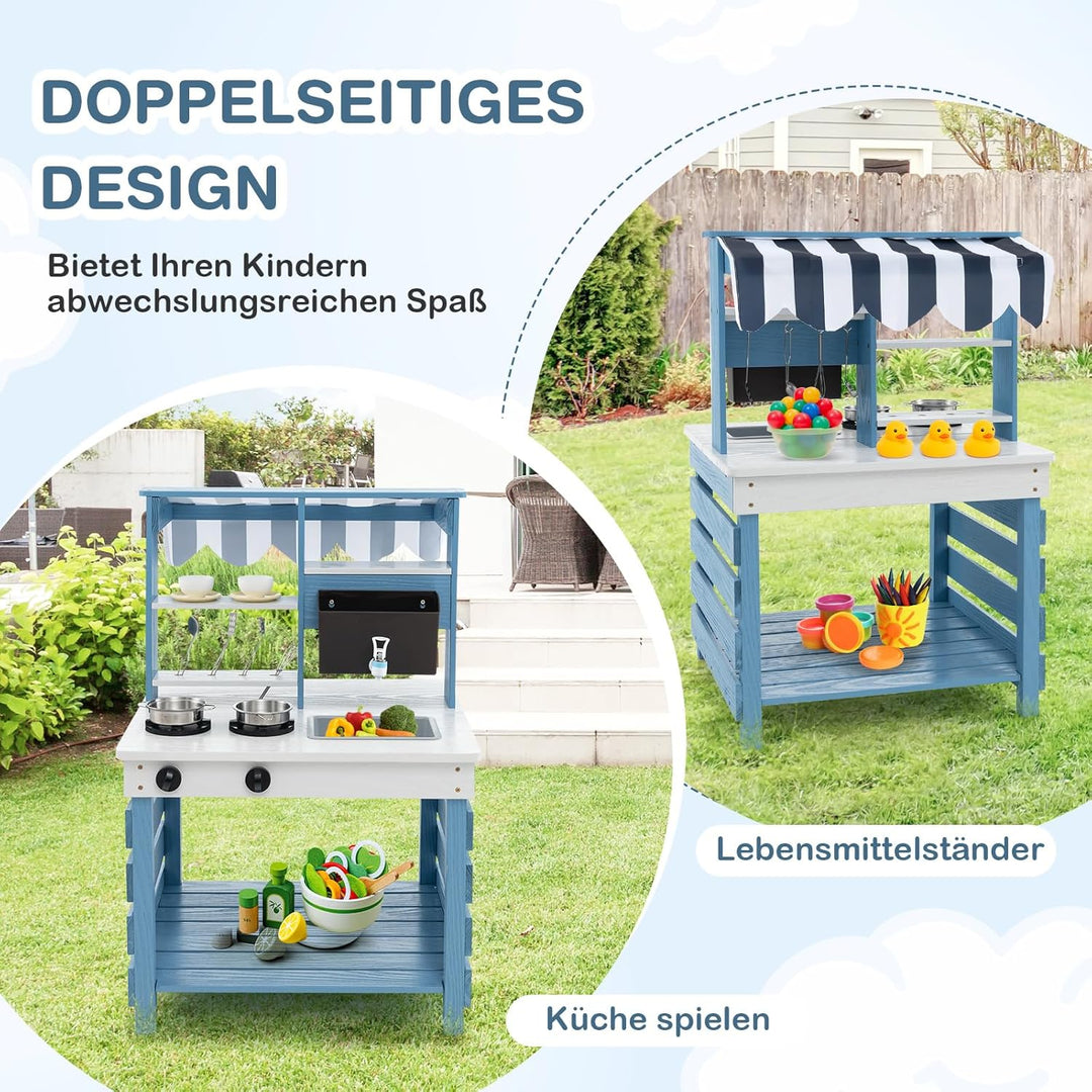 COSTWAY Matschküche Kinder Outdoor, Kinderküche Tannenholz mit Wasserfunktion, Doppelseitige Spielkü