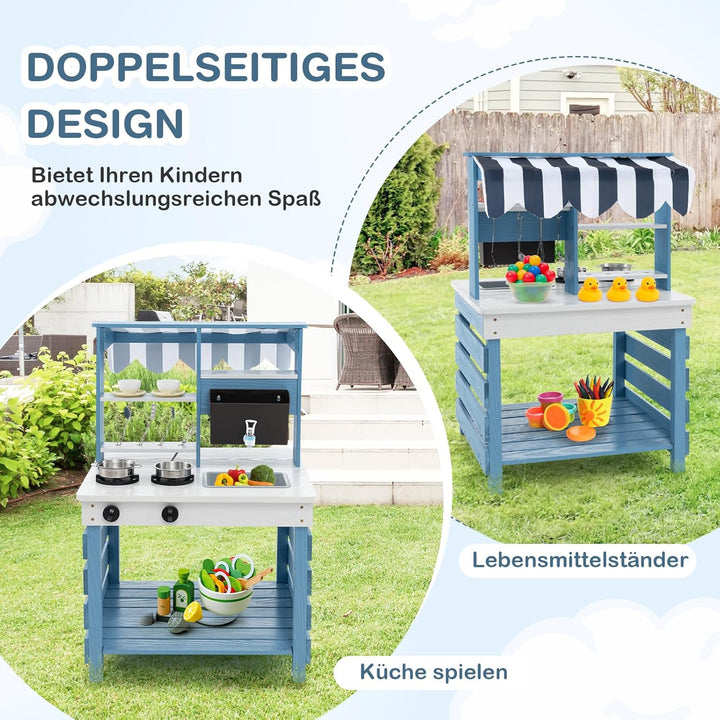 COSTWAY Matschküche Kinder Outdoor, Kinderküche Tannenholz mit Wasserfunktion, Doppelseitige Spielkü