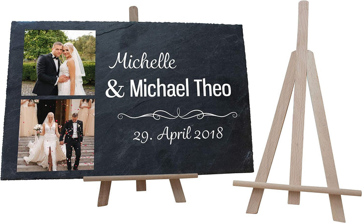 wandmotiv24 Schiefertafel Hochzeit mit Staffelei, Personalisierbar Digitaldruck 2 Farb-Fotos + Vorna