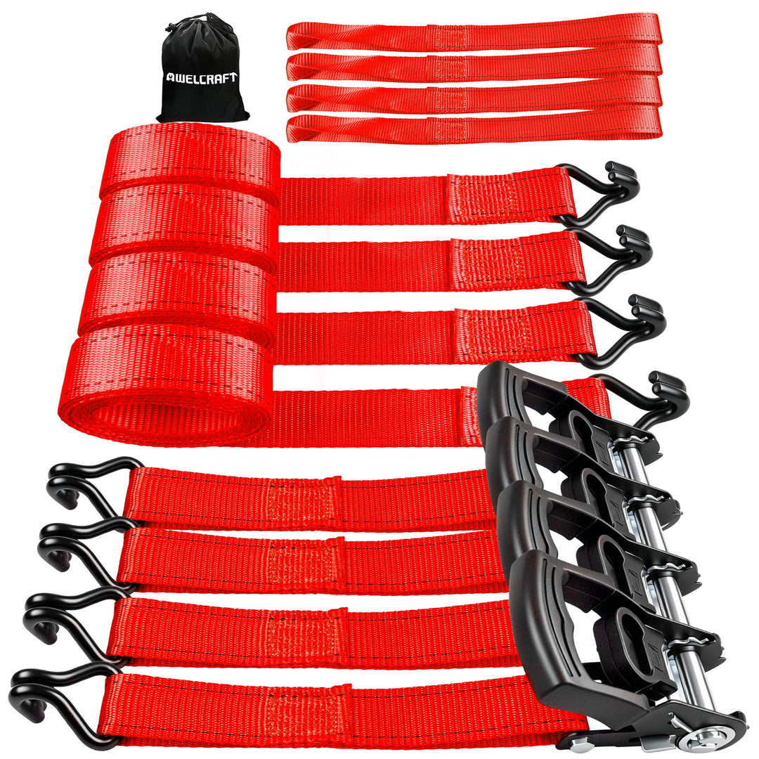 AWELCRAFT 4 Stück Ratsche Spanngurte – 1500 kg Bruchfestigkeit, 3,8 cm x 3 m, Rote Spanngurte mit ge