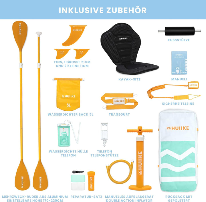 HUIIKE Stand Up Paddling Board mit Zubehör, Paddel, Finnen, Leash, Pumpe, Rucksack. SUP-Board Aufbla