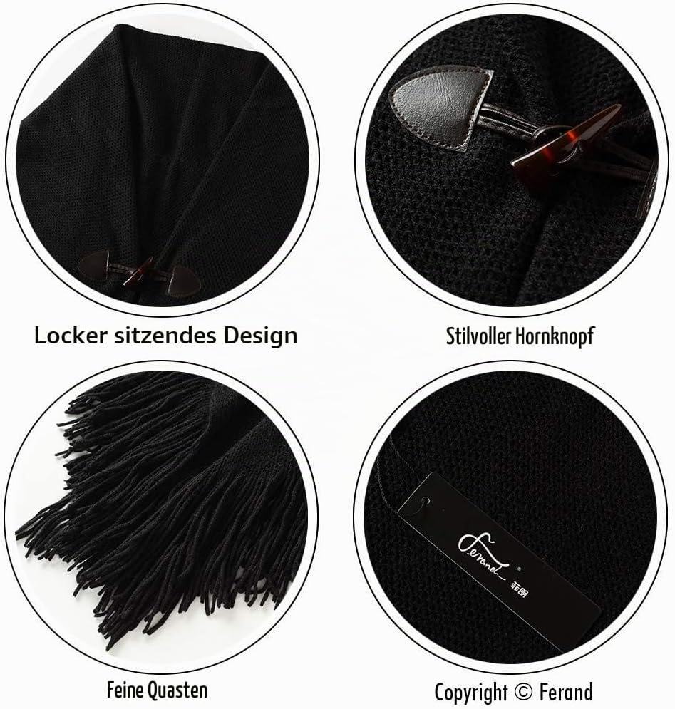 Ferand Damen Poncho Locker sitzender Cape Schal mit offener Vorderseite für Herbst und Winter Schwar