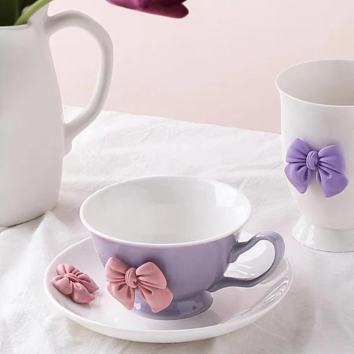 200 ML Kaffeetassen Set mit Untertasse Keramik Tasse mit Schleife und Henkel Violett Rosa Schleife K