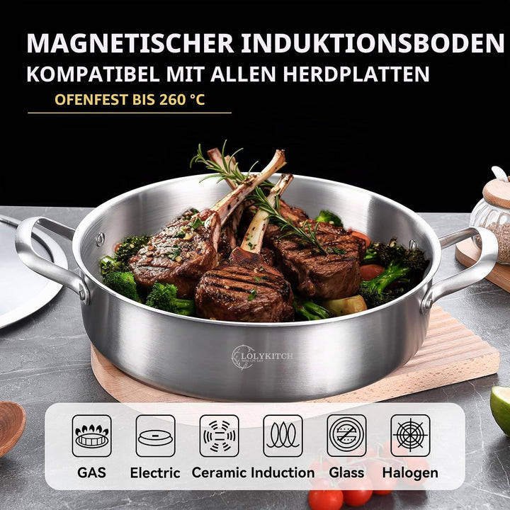 LOLYKITCH Schmorpfanne 28 cm Hoher Rand, Servierpfanne mit Deckel, Edelstahl Unbeschichtet Sautepfan