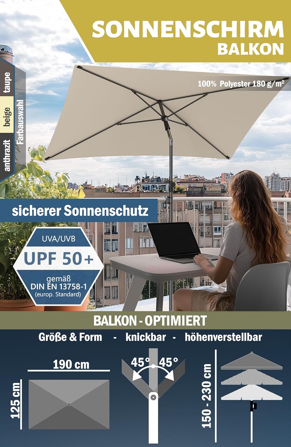 4smile Sonnenschirm Balkon SunnyShade, Sonnnenschutz Balkon SET 3-in-1, Anthrazit - UV50+ SunnyGuy S