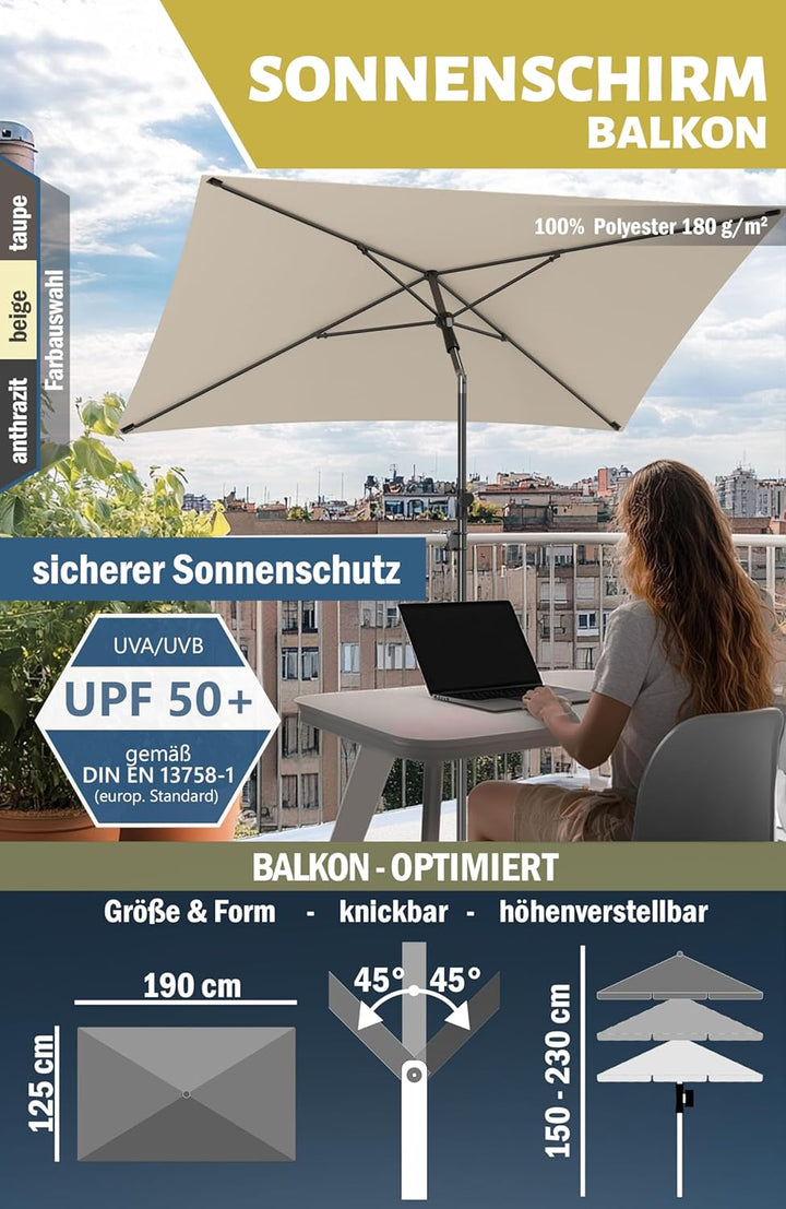 4smile Sonnenschirm Balkon SunnyShade, Sonnnenschutz Balkon SET 3-in-1, Anthrazit - UV50+ SunnyGuy S