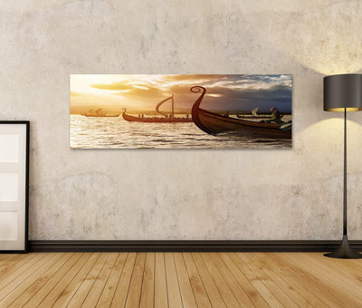 islandburner Bild auf Leinwand Wikinger Sturm Schiffe Meer Bilder Wandbilder Poster Leinwand 120x40c