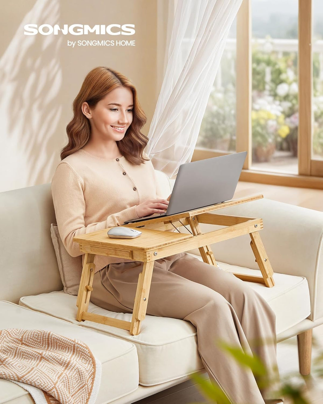 SONGMICS Höhenverstellbarer Laptoptisch mit Schublade, klappbarer Notebooktisch aus Bambus, Betttisc