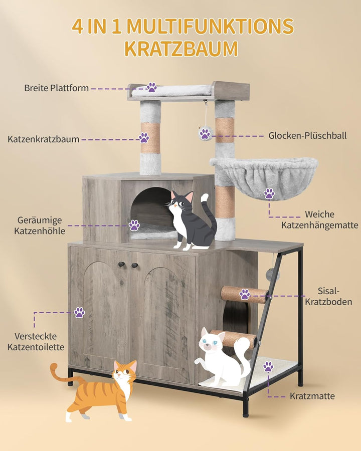 Hzuaneri Kratzbaum mit Katzenklo-Schrank, Katzenschrank, 4-in-1 Modernes Katzenhaus mit Grosser Plat