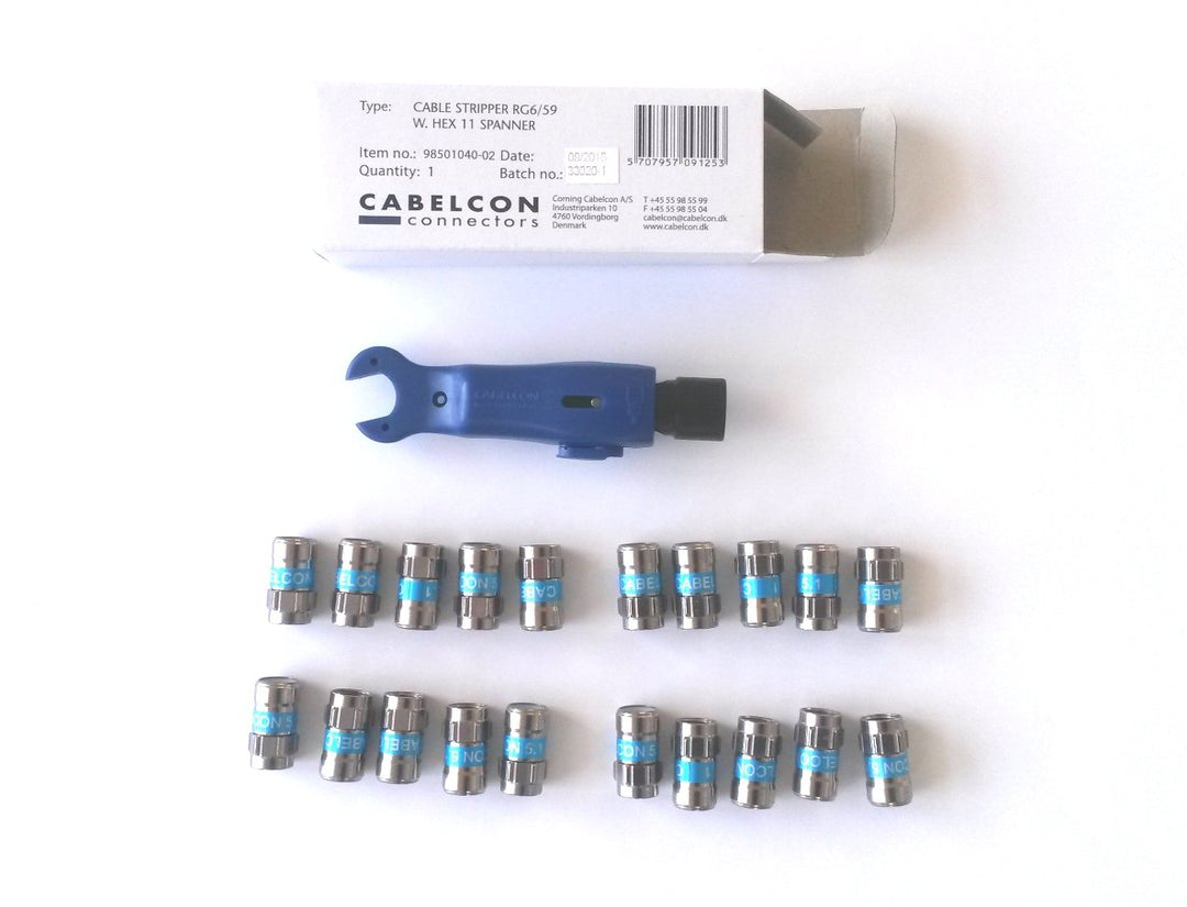 Cabelcon Set bestehend aus Cablestripper RG6/59 mit Maulschlüssel + 20 Stück Self Install-Stecker F-