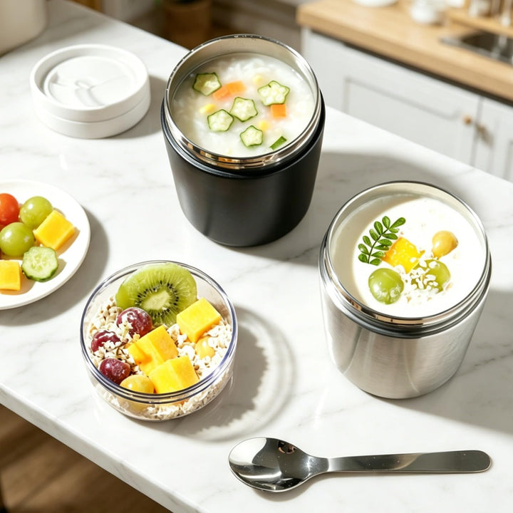 Edelstahl Müslibecher to Go 500ml+220ml mit Löffel, Doppelwandiger Vakuumisolierter Joghurtbecher, A
