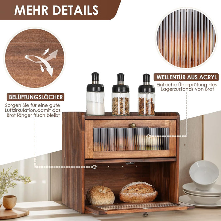 GUUSII HOME Brotkasten Gross Brotbox Küche Holz Gross Brotaufbewahrung 2 Etagen Brotkästen XL 36x24x