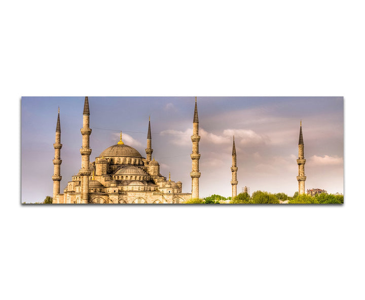 Paul Sinus Art Panoramabild auf Leinwand und Keilrahmen 150x50cm Blaue Moschee Bäume Wolkenhimmel