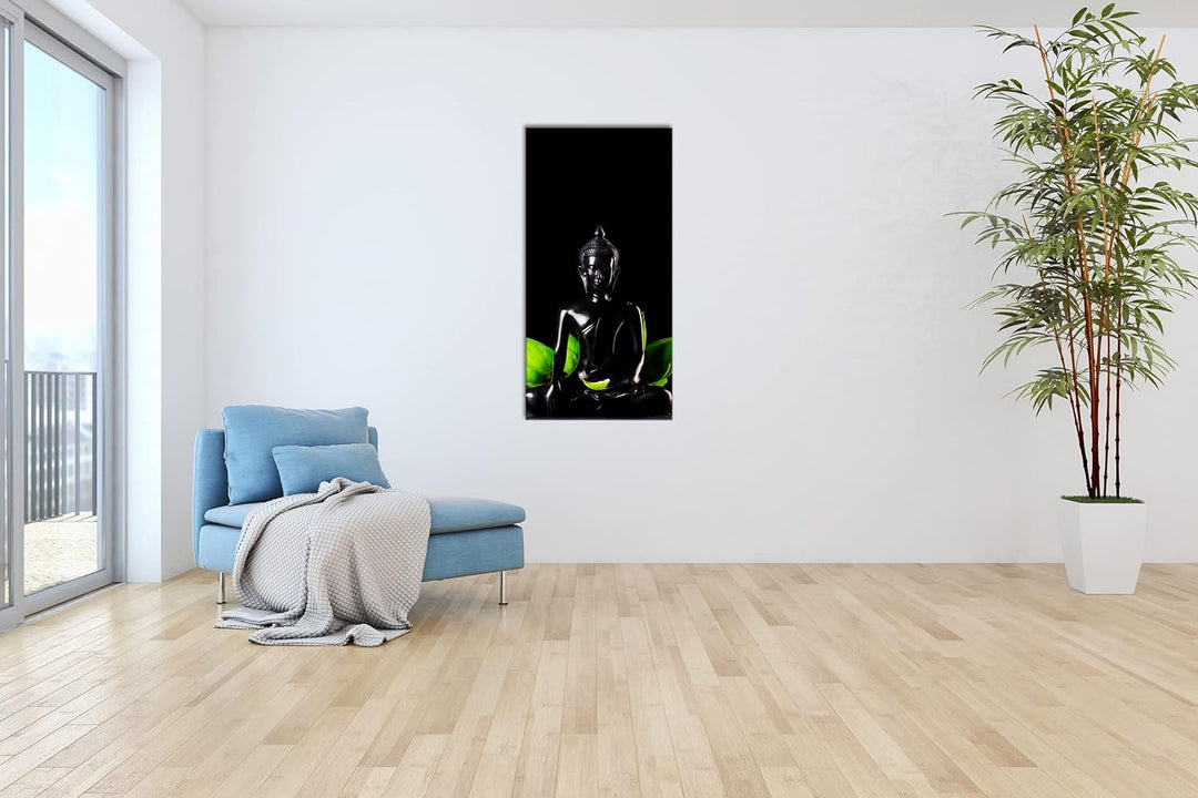 Dark Buddha Figur Panorama 80x40 cm als Leinwandbild, Motiv fertig gerahmt auf Echtholzrahmen, Hochw